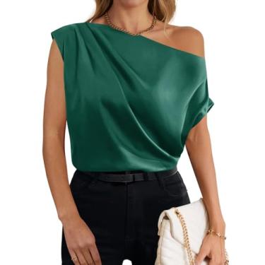 Imagem de MIROL Tops femininos de seda manga cavada 2024 Batwing blusa de cetim com ombros de fora sólidos regatas elegantes camisas túnicas, Verde escuro, M