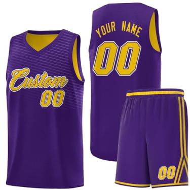 Imagem de Camiseta personalizada de basquete Jersey uniforme atlético hip hop impressão personalizada número de nome para homens jovens, Roxo e amarelo-15, One Size