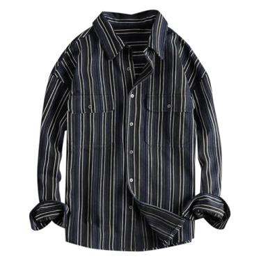 Imagem de Camisa jeans masculina, manga comprida, cor combinando com ajuste solto, estampa listrada, gola larga, Azul-escuro, XG
