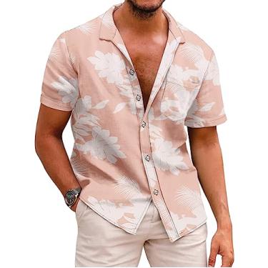 Imagem de COOFANDY Camisa masculina havaiana de manga curta casual de botão para praia tropical, Floral rosa/branco, M