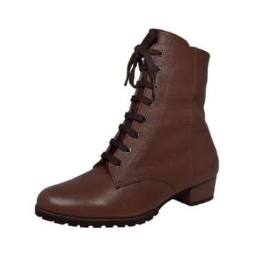 Imagem de Bota Coturno Couro Legítimo Salto Baixo Grosso 3cm Cano Curto Bico Redondo Luiza Sobreira Marrom Caf-Feminino