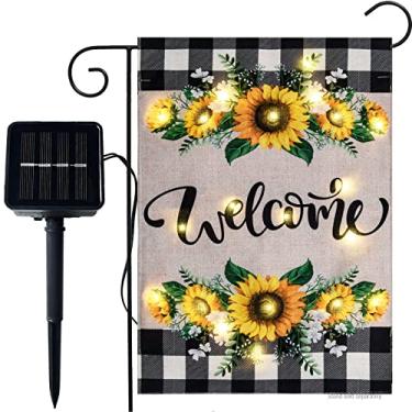 Imagem de Welcome Summer Sunflower Garden Flag With Lights- Solar LED Burlap Welcome Sign Buffalo Plaid Mini Small Garden Yard Flags Banner 12x18 Dupla face para pátio externo, decoração ao ar livre, casa de