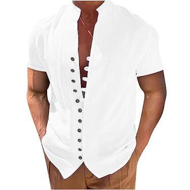Imagem de KTUCPRY 2024 Camiseta masculina retrô verão casual algodão linho camisa manga curta Tropical Holiday Beach Shirts, A06 branco, G