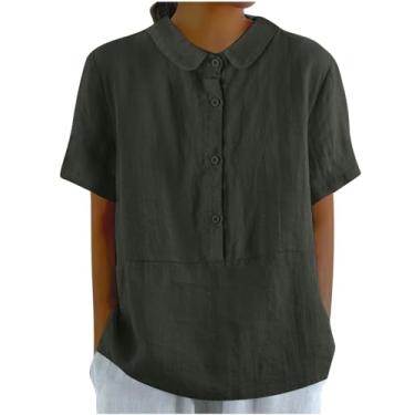 Imagem de Blusa feminina de linho com gola de boneca de manga curta, casual, de verão, blusas de botões grandes 2024, túnicas modernas, Cinza escuro, P
