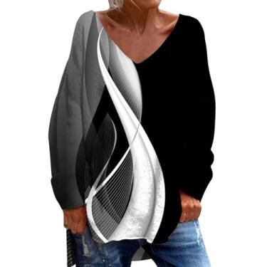Imagem de Blusa feminina de manga comprida e gola V estampada básica solta túnica casual outono 2024 blusa grande, Branco, GG