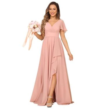 Imagem de Vestidos femininos de chiffon com gola V, plissados, franzidos, vestidos de noite formais com fenda 2024 DE164, Rosa empoeirada, 13