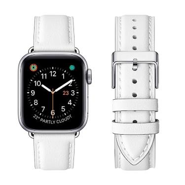 Imagem de OMIU Pulseiras quadradas compatíveis com Apple Watch 38 mm, 40 mm, 41 mm, 42 mm, 44 mm, 45 mm, 49 mm, pulseira de couro genuíno para iWatch SE Series 8 7 6 5 4 3 2 1 Utral para mulheres e homens (branco/prata)