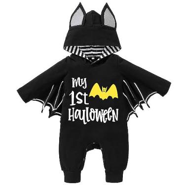 Imagem de Wosixima Conjunto de calças para bebês meninos, meninas, My First Halloween, morcego, abóbora, aranha, conjunto de calças de capitão pirata, Morcego, 3-6 Meses