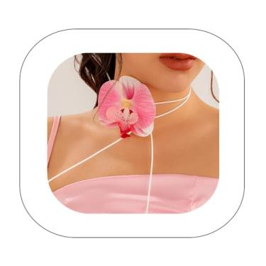 Imagem de Yheahin Colar gargantilha de flor de orquídea borboleta boêmia, grande, Phalaenopsis, colar de corda longa, gravata havaiana para festa na praia, joia de pescoço para mulheres, Plástico, Sem Pedra