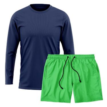 Imagem de Kit Short Praia Academia Passeio Treino Verde + Manga Longa Masculina Segunda Pele Dry-Masculino