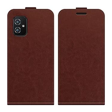 Imagem de Capa para Asus Zenfone 8 ZS590KS, capa de telefone flip vertical fina de couro PU, capa protetora com fecho magnético com compartimento para cartão para Asus Zenfone 8 ZS590KS (marrom)