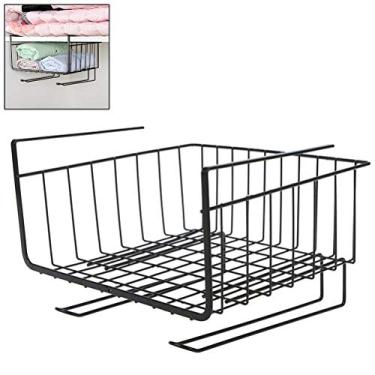 Imagem de Cesta de Arame Suspensa, Grande Espaço de Metal Multiuso Sob a Estante de Mesa para Armário de Cozinha (Preto)
