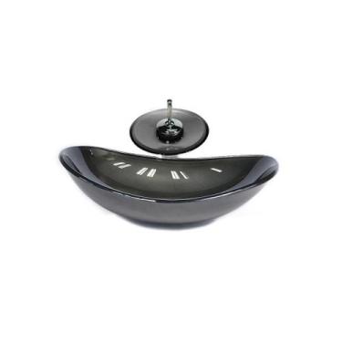 Imagem de Cuba De Vidro Oval 55Cm Grafite + Valvula + Torneira Cascata - Cubas E