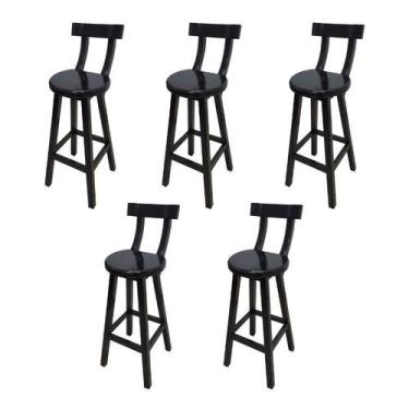 Imagem de Conjunto 5 Bancos Alto Bistrô De Madeira Com Encosto Bancada Ideal Par