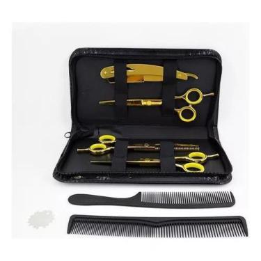 Imagem de Kit 3 Tesouras Barbeiro Profissional Dourador 6.0 Estojo Combo Barbear
