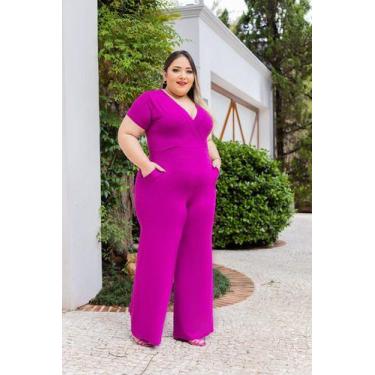 Imagem de Macacão Manga Solta Decote Em V Plus Size - Luh May, M, Fúcsia