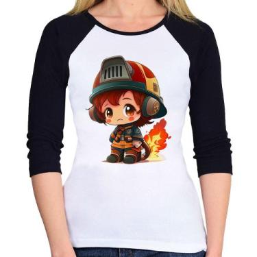 Imagem de Baby Look Raglan Bombeiro Mirim Manga 3/4 - Foca na Moda, Branco, Pret