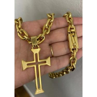 Imagem de Corrente cadeado 10mm + pingente crucifixo v banhado a ouro - ToJoia18