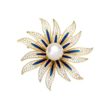 Imagem de Broche elegante de girassol CZ branco pérola azul esmalte broche de lapela para mulheres delicados broches de flores de cristal brilhante broche joias modernas para festa banquete vestido terno