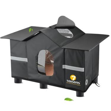 Imagem de Texsens casinha para gatos ao ar livre - abrigo para gatos grande à prova de intempéries para fora com janela no telhado - casa elevada isolada para gatos vadios/celeiros com almofada aconch