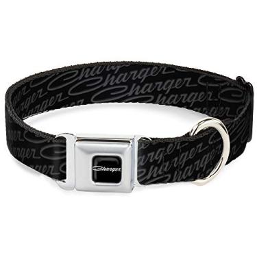 Imagem de Buckle-Down Coleira para cachorro CGE-CHARGER 40,6-58,4 cm CGE-CHARGER com emblema de canto totalmente preto/prata desbotada/branco", larga média