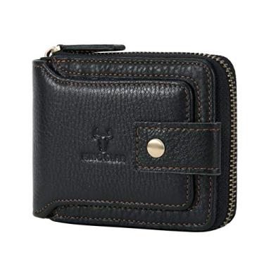Imagem de Carteira masculina com zíper e bloqueio de RFID, carteira dobrável de couro para homens – Carteira masculina com zíper para janela para identidade e bolso para moedas – Carteira de viagem com grande capacidade para cartão de crédito, Preto, M