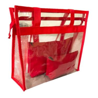 Imagem de Bolsa feminina praia sacola transparente 2 necessaires preta (Vermelha)