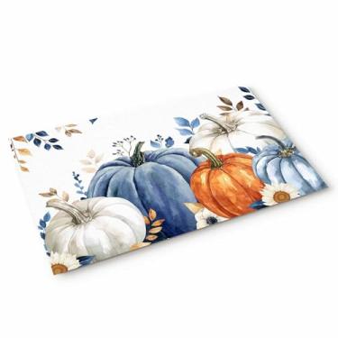 Imagem de Capacho de outono para o dia de Ação de Graças, tapete de porta da frente, azul, branco, abóbora, folha de eucalipto, margarida, dia de Ação de Graças, tapete de porta de entrada, Seasnoal, outono,