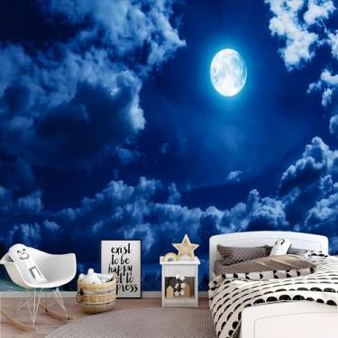 Imagem de Lcythiazole Papel de parede personalizável para tirar e colar lua mural nuvem mural céu noturno lua cheia nuvens hd foto papel de parede para sala de estar quarto meninos quarto removível