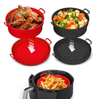 Imagem de Pacote com 2 potes de silicone Air Fryer – Tigela reutilizável para cesta de silicone para fritadeira de ar para 5 litros ou maior – Substituição do forro de silicone Airfryer – Vermelho e preto