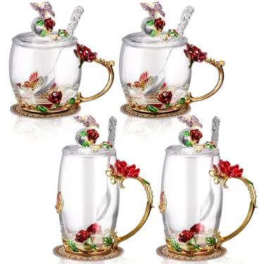 Imagem de Nuanchu 4 conjuntos de xícaras de chá de vidro de flores com tampas e colher de borboleta canecas de café de vidro vintage floral chique xícara de chá transparente para o dia das mães mulheres mãe