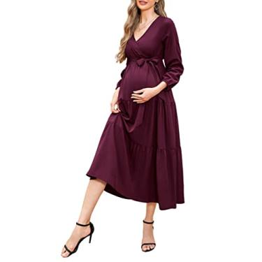 Imagem de FUNJULY Vestido de maternidade feminino de verão com decote em V e cinto para chá de bebê, vestido fotográfico, Roxo escuro + vc, P