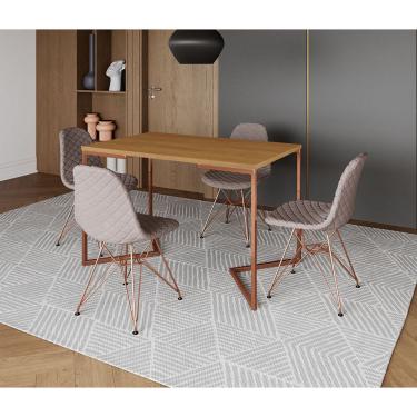 Imagem de Mesa Jantar Industrial Retangular Canela 120x75 Base V com 4 Cadeiras Estofadas Nude Médio Base Cobr