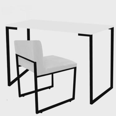 Imagem de Kit Mesa Escrivaninha Stan e Cadeira Lee Industrial Escritório Tampo Branco Preto Corino Branco - Ahz Móveis