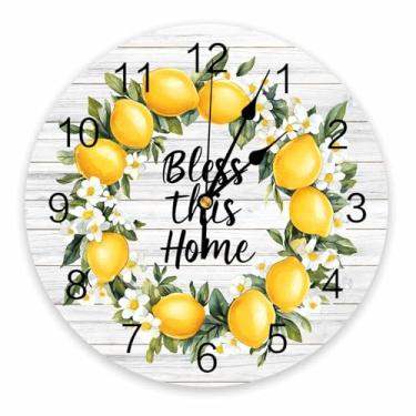 Imagem de Relógio de parede Summer Farmhouse Lemon 25 cm, silencioso, sem tique-taque, operado por bateria, relógio redondo de PVC com textura de madeira cinza para sala de estar, quarto, cozinha, escritório