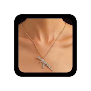 Imagem de Ximdble Colar vintage de cristal com pingente de metralhadora de strass, submetralhadora, colar de corrente de ouro, brilhante, zircônia cúbica, gargantilha de strass, joia feminina, Zinco, Sem Pedra