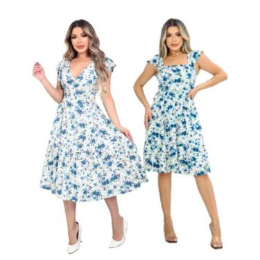 Imagem de Kit 2 Vestido Feminino Midi Manga Curta Evasê Decote Quadrado Babado B