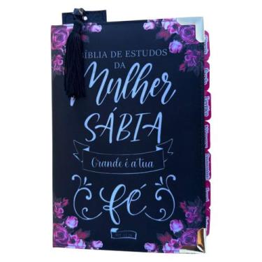 Imagem de Bíblia da Mulher Sábia de Estudos Preta Fé com Abas adesivas + marca p