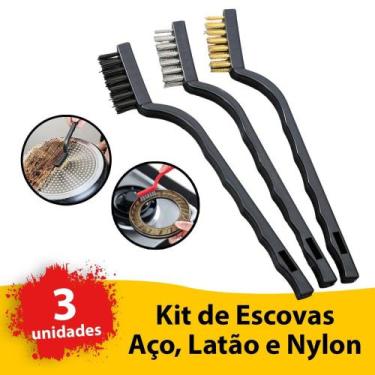 Imagem de Kit 3 Escovas Multiuso Jogo Escovinhas Aço Cobre Nylon Limpa Grelha Ch