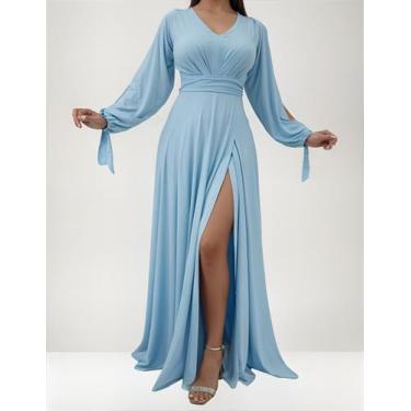 Imagem de Vestido Longo Festa Madrinha Manga Aberta Com Fenda E Decote - Casual 
