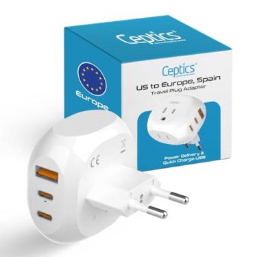 Imagem de Adaptador europeu de viagem da Ceptics – 5 entradas com 20W PD-QC 3.1A Dual USB-C e USB – Ultra Compacto – Leve – EUA para qualquer país tipo C, como Islândia, Áustria e mais (PTU-9C), branco