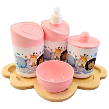 Imagem de Kit Higiene Bebê Safari Hora Do Sono C/bandeja MDF (Nuvem Crua/Rosa)