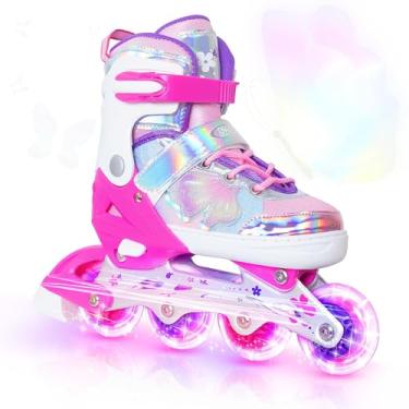 Imagem de Patins infantis em linha para meninas e meninos - Rolo de lâminas vermelho rosa para crianças de 10 a 11 12 anos - Rodas ajustáveis para todas as luzes para uso interno e externo, presente de