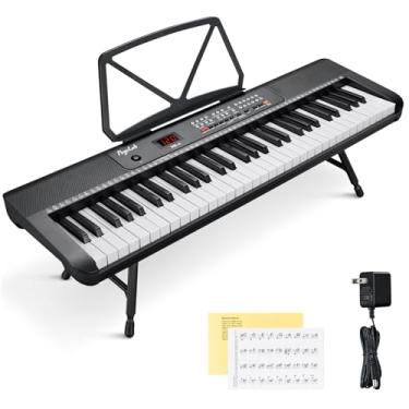 Imagem de POGOLAB Teclado de piano compacto de 61 teclas com mini suporte dobrável, 255 sons embutidos, 255 ritmos, 24 demonstrações, inclui suporte de partitura, adesivos para notas e fonte de alimentação