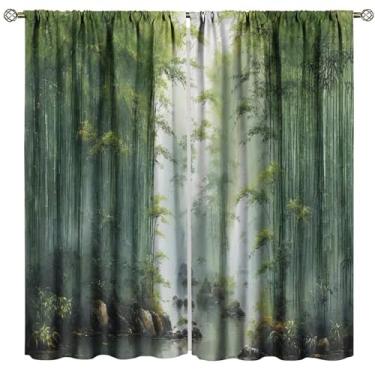 Imagem de Cortinas de floresta de bambu, arte aquarela abstrata natural nebulosa verde místico estampa de vista da selva decoração de casa tratamentos de janela, cortinas blackout com bolso para varão para sala