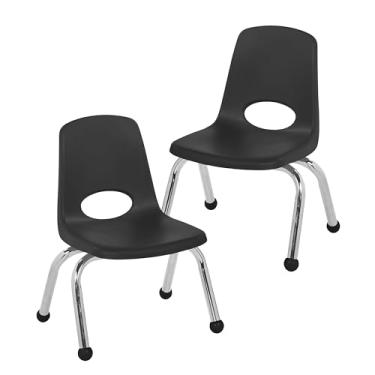 Imagem de Cadeira escolar empilhável de 25,4 cm, assento de estudante empilhável com pernas de aço cromado e deslizadores esféricos; para pré-escola, sala de aula ou escola em casa - preta (pacote com 2
