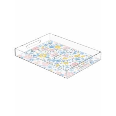 Imagem de Bandeja de acrílico floral para servir flores amarelas, azuis e rosa, bandeja decorativa de plástico à prova de derramamento com alças para exibição de alimentos, organizador de bancada de flores de