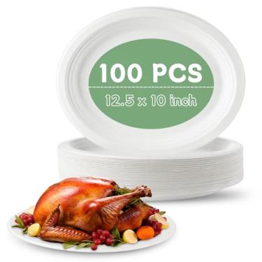 Imagem de CYEAH Pratos ovais de papel 100 peças, pacote com 50 pratos descartáveis de bagaço resistentes e ecológicos, pratos biodegradáveis de cana de açúcar para churrasco, festa, piquenique
