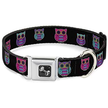 Imagem de Buckle-Down Coleira para cães com fivela de cinto de segurança – Corujas preto/fúcsia/roxo/turquesa – 3,8 cm de largura – serve para pescoço de 40,6 a 58,4 cm – Médio