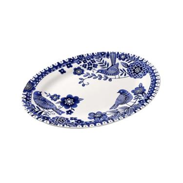 Imagem de Prato oval de cerâmica delicado criativo retrô simples e individual de estilo europeu - pássaro azul e branco cantando